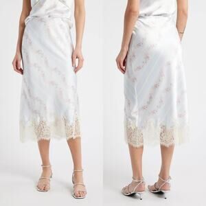 LoveShackFancy Malina Skirt Floral Satin Lace Trim Midi Slip Wavecrest Blue XS